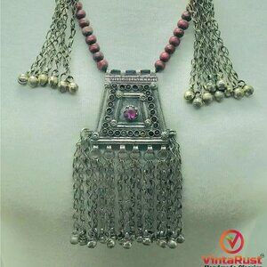 Handmade Pendant Necklace with Red Beads and Chain Tassels